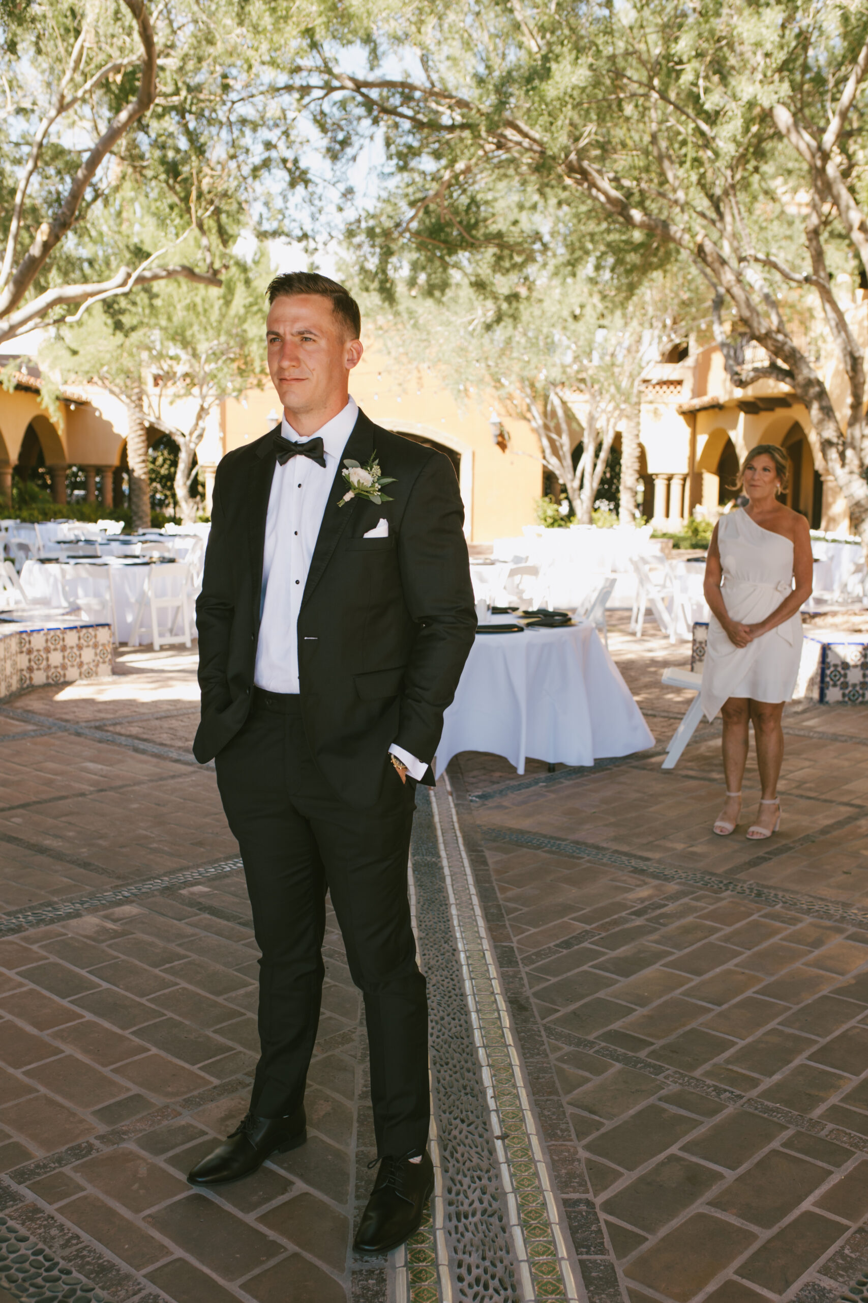 Before the Mother's first look with Groom Max during Romantic wedding photography in Phoenix