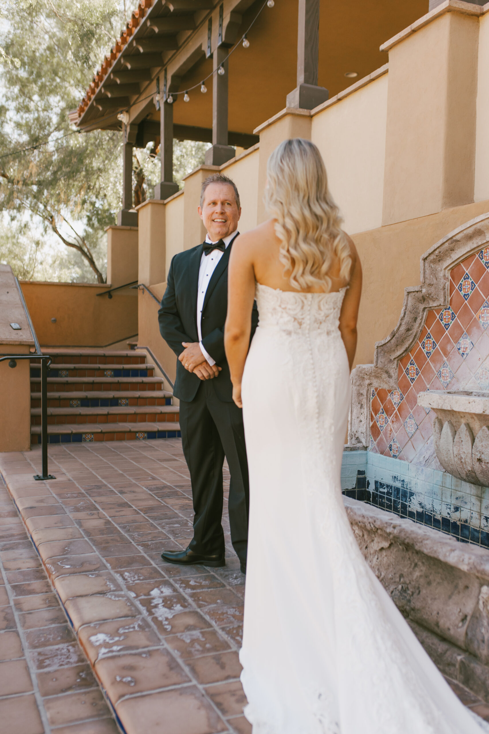 Before Father first look with bride Alexa with Romantic wedding photography in Phoenix