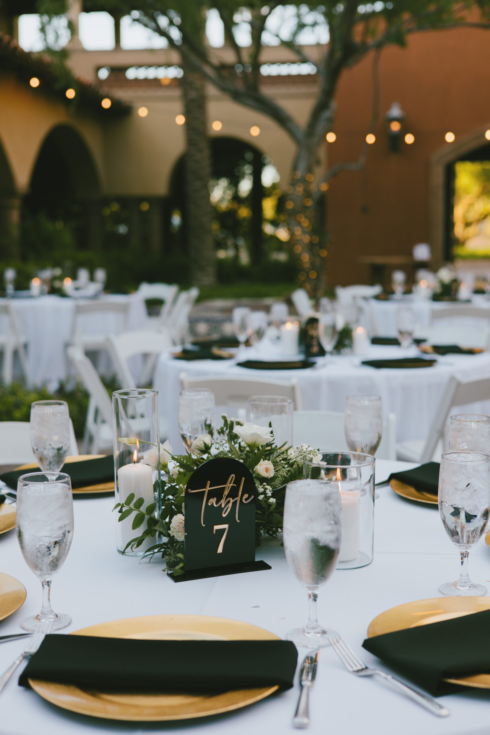 Matt and Alexa Timeless wedding table setting details with black gold and greenery photography in Phoenix