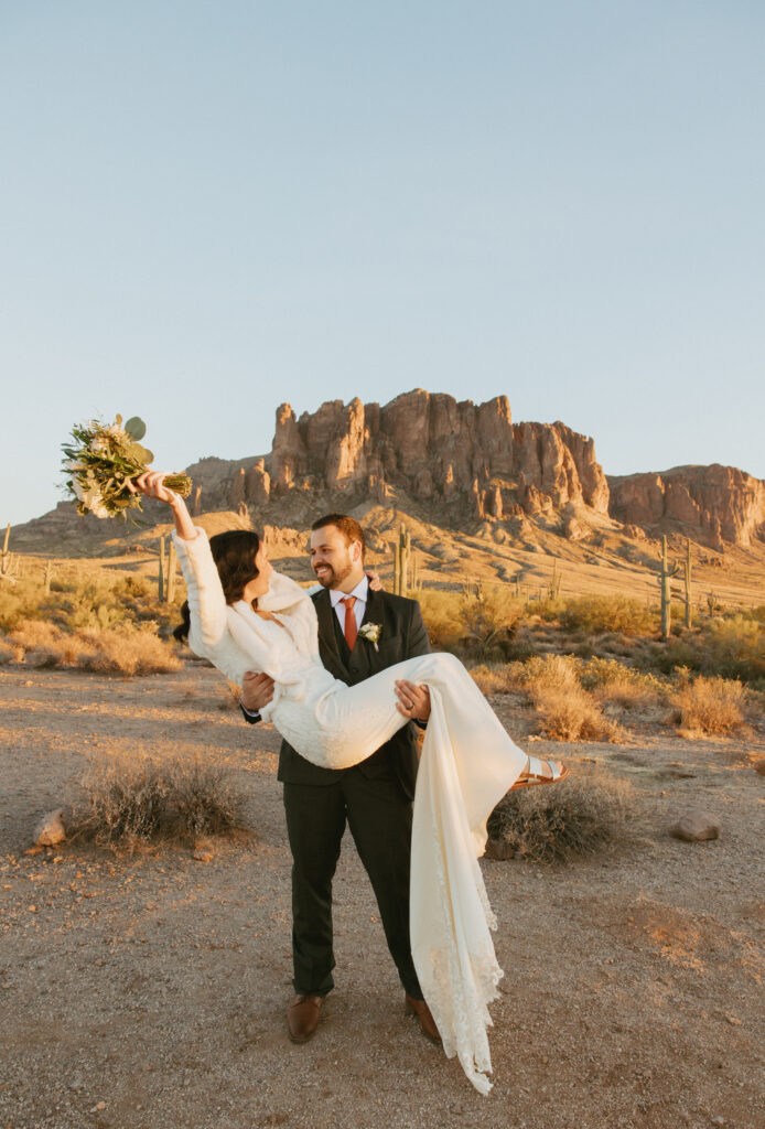 Bride and Groom have small micro wedding at The Superstition Mountains in Arizona