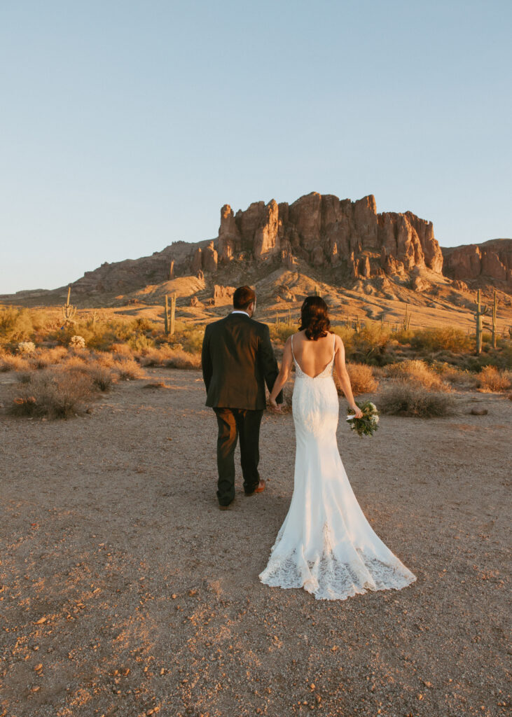 Bride and Groom photos at the Superstition Mountains at Lost Dutchman State Park in Mesa, Arizona. 